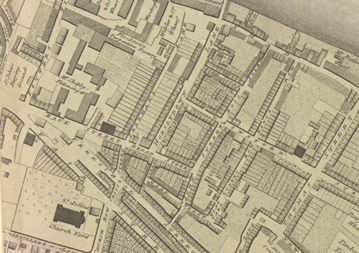 Section from Horwood’s Plan 1792-99 showing St John's burial ground, Southwark